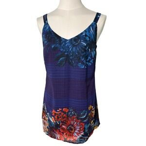 Cabi XS Sleeveless Floral V-Neck Blouse Top‎ Purple Blue Casual Tank